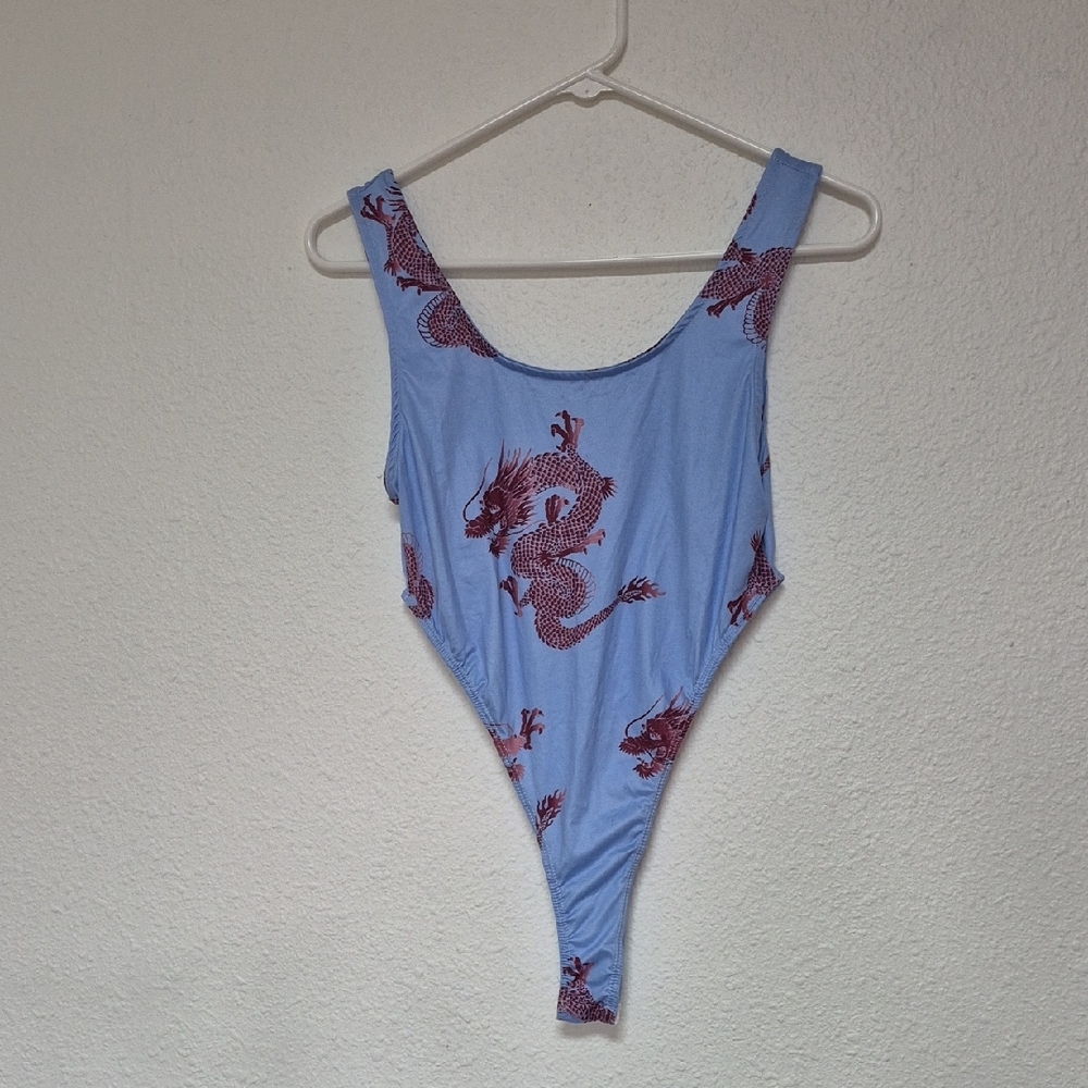 Fashion Nova Blue and Red Dragon Bodysuit with Snap Closures EUC